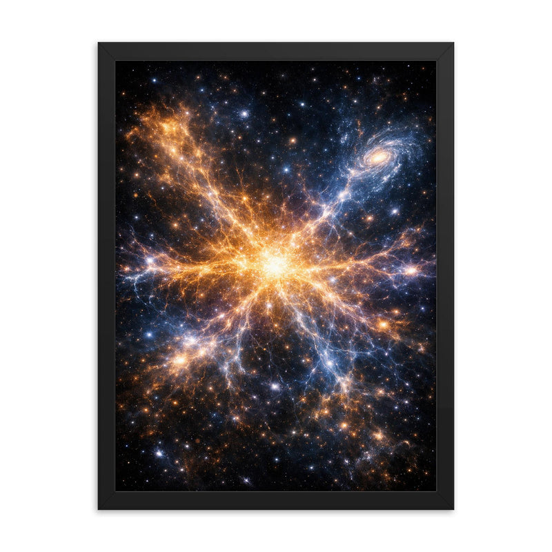 Laniakea supercluster map as luminous cosmic web framed print on a plain backdrop in size 18