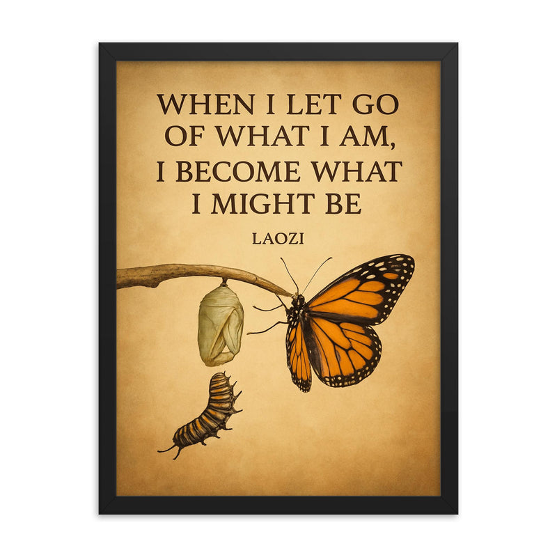 Laozi quote butterfly emerging from cocoon transformation framed print on a plain backdrop in size 18
