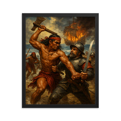 Lapu Lapu resisting Magellan scene framed print on a plain backdrop in size 16"x20".