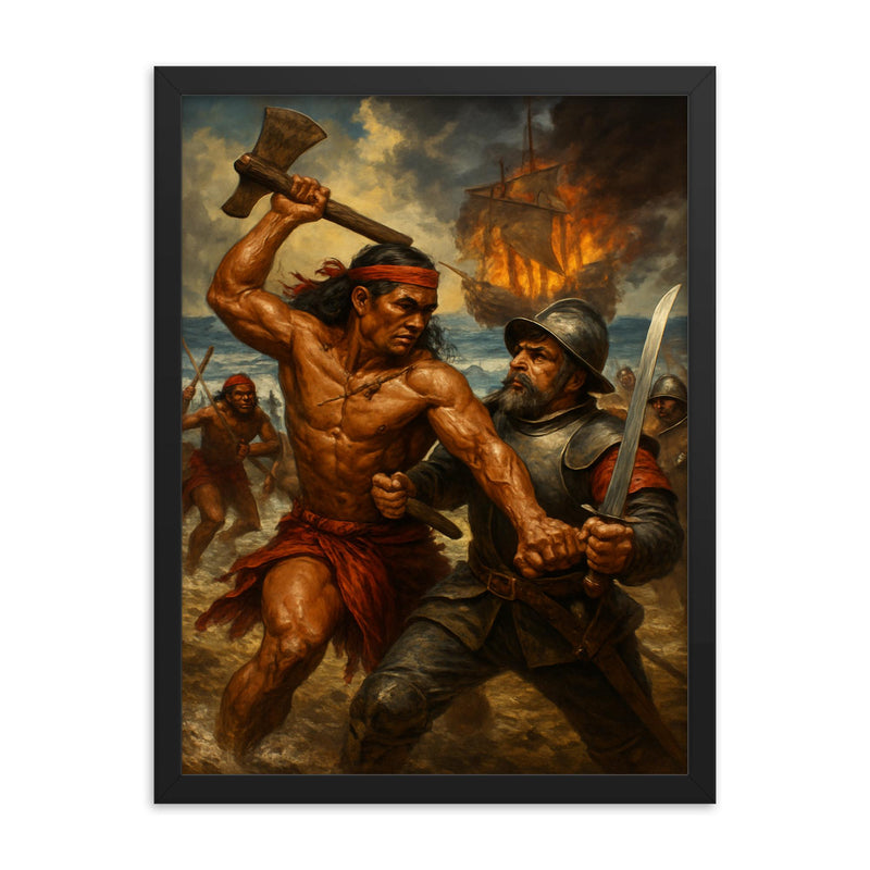 Lapu Lapu resisting Magellan scene framed print on a plain backdrop in size 18