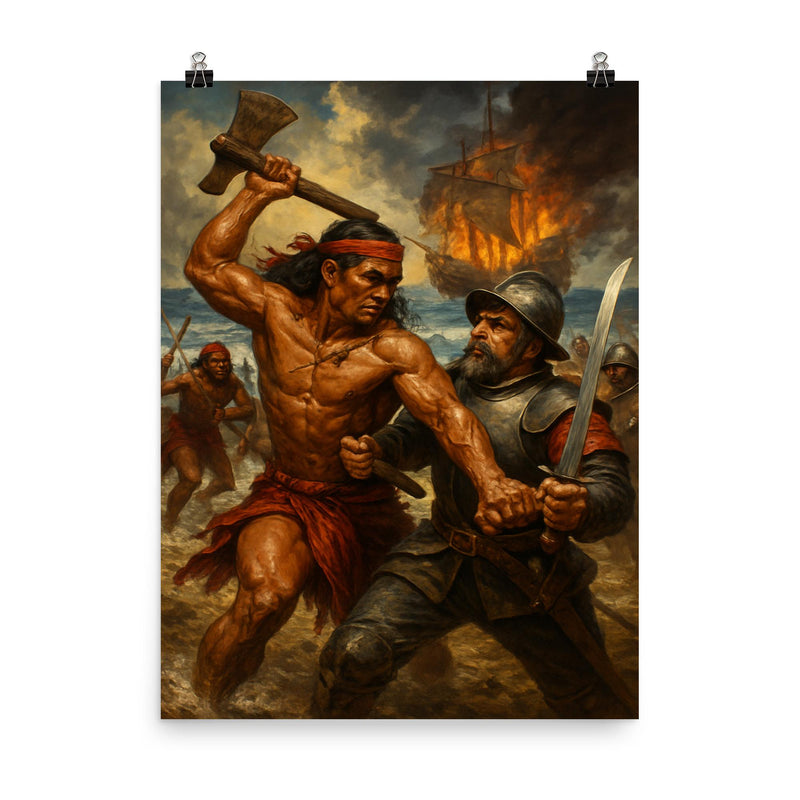 Lapu Lapu resisting Magellan scene poster on a plain backdrop in size 8