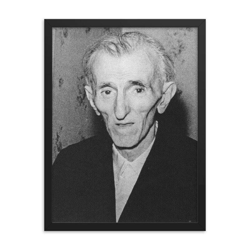 Last Photo of Nikola Tesla framed print on a plain backdrop in size 18