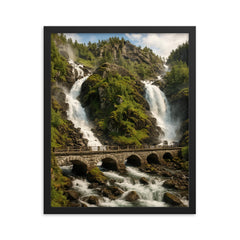Latefossen Twin Waterfall Norway framed print on a plain backdrop in size 16"x20".