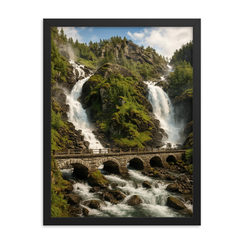 Latefossen Twin Waterfall Norway framed print on a plain backdrop in size 18