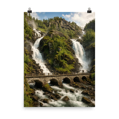 Latefossen Twin Waterfall Norway poster on a plain backdrop in size 8"x10".