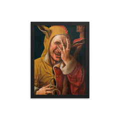 Laughing Fool by Jacob Cornelisz van Oostsanenl, 1500 framed print on a plain backdrop in size 12"x16".