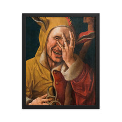 Laughing Fool by Jacob Cornelisz van Oostsanenl, 1500 framed print on a plain backdrop in size 16"x20".