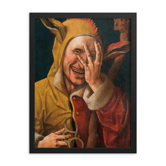 Laughing Fool by Jacob Cornelisz van Oostsanenl, 1500 framed print on a plain backdrop in size 18"x24".