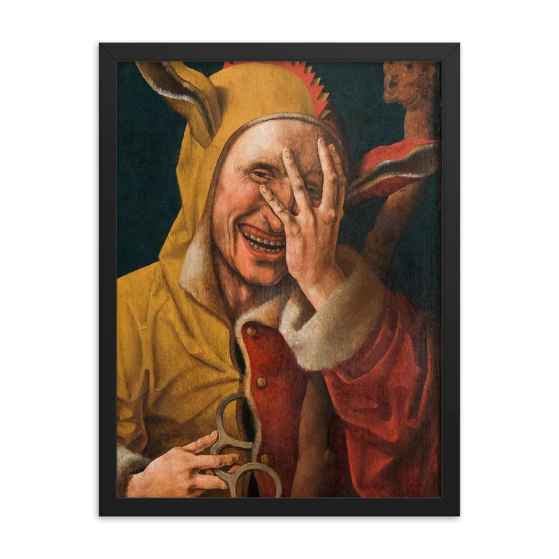 Laughing Fool by Jacob Cornelisz van Oostsanenl, 1500 framed print on a plain backdrop in size 18