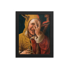 Laughing Fool by Jacob Cornelisz van Oostsanenl, 1500 framed print on a plain backdrop in size 8"x10".
