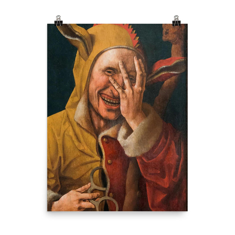 Laughing Fool by Jacob Cornelisz van Oostsanenl, 1500 poster on a plain backdrop in size 8