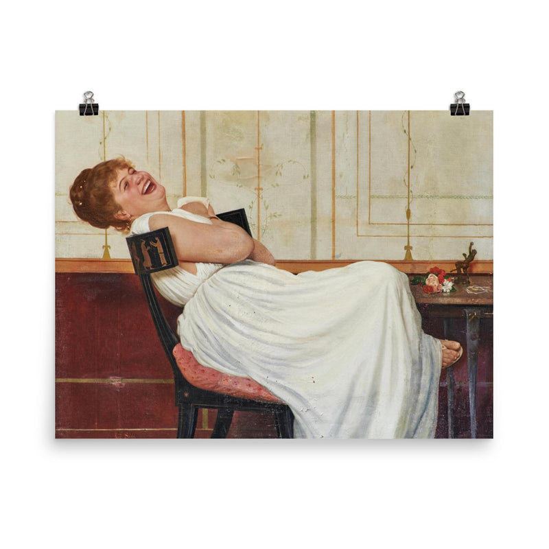 Laughing Girl by Raffaello Sorbi, 1882 poster on a plain backdrop in size 8