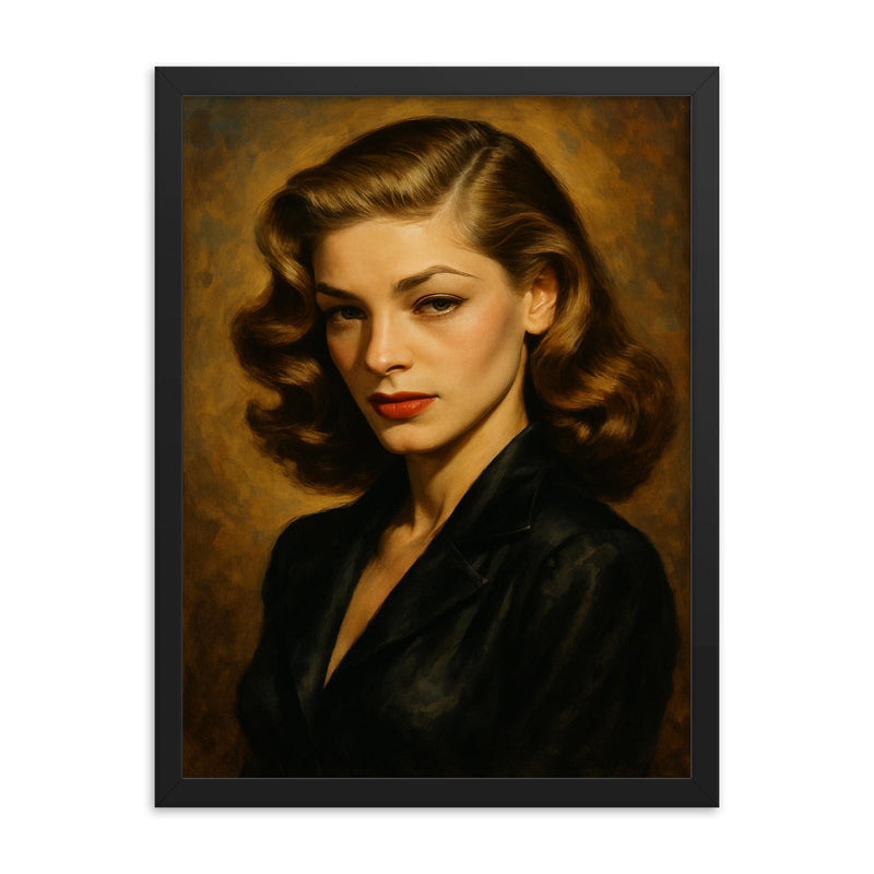 Lauren Bacall framed print on a plain backdrop in size 18