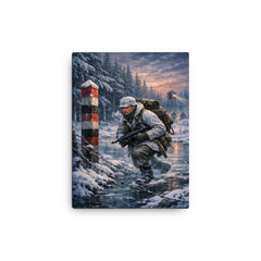 Lauri Torni crossing frozen forest border canvas print on a plain backdrop in size 12"x16".