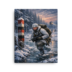 Lauri Torni crossing frozen forest border canvas print on a plain backdrop in size 16"x20".