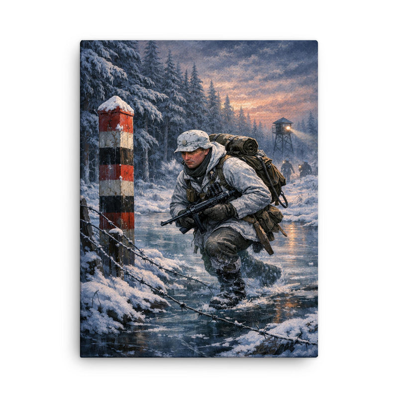 Lauri Torni crossing frozen forest border canvas print on a plain backdrop in size 18