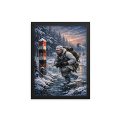 Lauri Torni crossing frozen forest border framed print on a plain backdrop in size 12"x16".