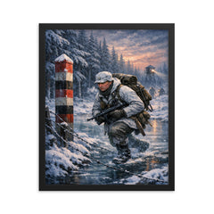 Lauri Torni crossing frozen forest border framed print on a plain backdrop in size 16"x20".