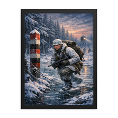 Lauri Torni crossing frozen forest border framed print on a plain backdrop in size 18"x24".