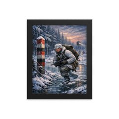Lauri Torni crossing frozen forest border framed print on a plain backdrop in size 8"x10".