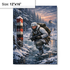 Lauri Torni crossing frozen forest border metal print on a plain backdrop in size 12"x16".