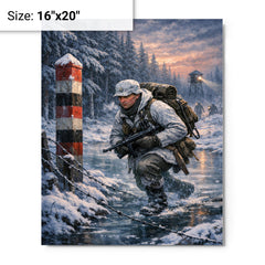 Lauri Torni crossing frozen forest border metal print on a plain backdrop in size 16"x20".