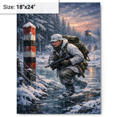 Lauri Torni crossing frozen forest border metal print on a plain backdrop in size 18"x24".