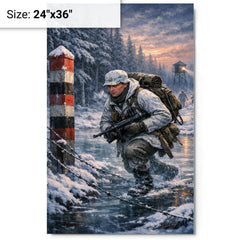 Lauri Torni crossing frozen forest border metal print on a plain backdrop in size 24"x36".