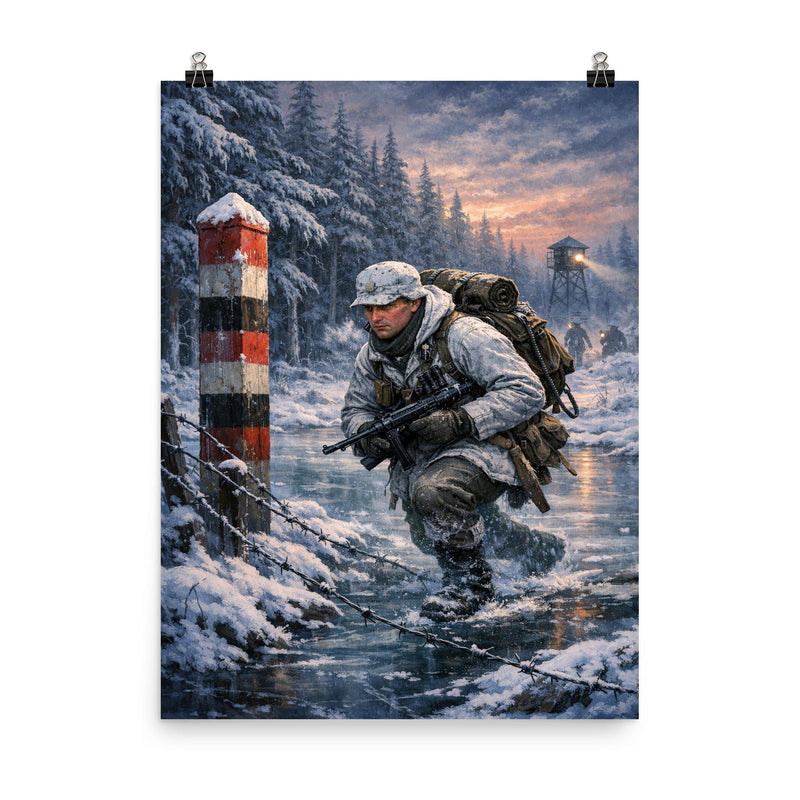 Lauri Torni crossing frozen forest border poster on a plain backdrop in size 8