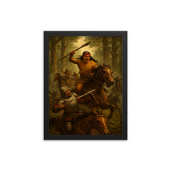 Lautaro Mapuche cavalry ambush in Araucanian forest framed print on a plain backdrop in size 12"x16".