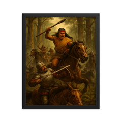 Lautaro Mapuche cavalry ambush in Araucanian forest framed print on a plain backdrop in size 16"x20".