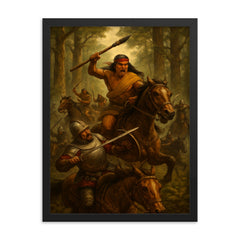 Lautaro Mapuche cavalry ambush in Araucanian forest framed print on a plain backdrop in size 18"x24".