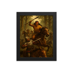 Lautaro Mapuche cavalry ambush in Araucanian forest framed print on a plain backdrop in size 8"x10".