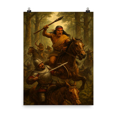 Lautaro Mapuche cavalry ambush in Araucanian forest poster on a plain backdrop in size 8"x10".