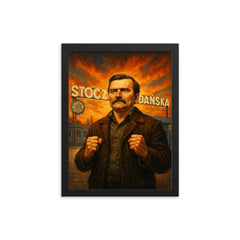 Lech Wałęsa at the Gdańsk shipyard gates framed print on a plain backdrop in size 12"x16".