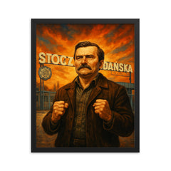 Lech Wałęsa at the Gdańsk shipyard gates framed print on a plain backdrop in size 16"x20".