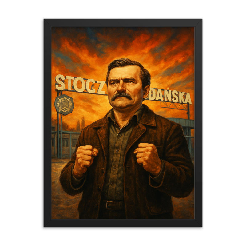 Lech Wałęsa at the Gdańsk shipyard gates framed print on a plain backdrop in size 18