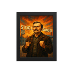 Lech Wałęsa at the Gdańsk shipyard gates framed print on a plain backdrop in size 8"x10".