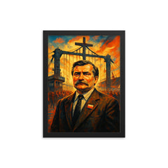 Lech Walesa at shipyard gates framed print on a plain backdrop in size 12"x16".