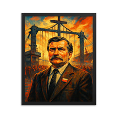Lech Walesa at shipyard gates framed print on a plain backdrop in size 16"x20".