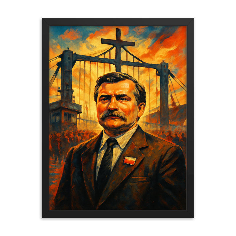Lech Walesa at shipyard gates framed print on a plain backdrop in size 18