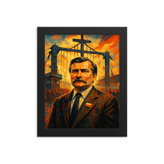 Lech Walesa at shipyard gates framed print on a plain backdrop in size 8"x10".