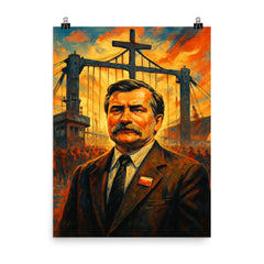 Lech Walesa at shipyard gates poster on a plain backdrop in size 8"x10".