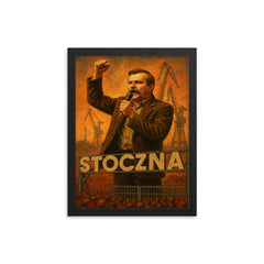 Lech Walesa atop shipyard gate speaking framed print on a plain backdrop in size 12"x16".