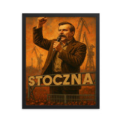 Lech Walesa atop shipyard gate speaking framed print on a plain backdrop in size 16"x20".