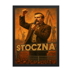 Lech Walesa atop shipyard gate speaking framed print on a plain backdrop in size 18"x24".