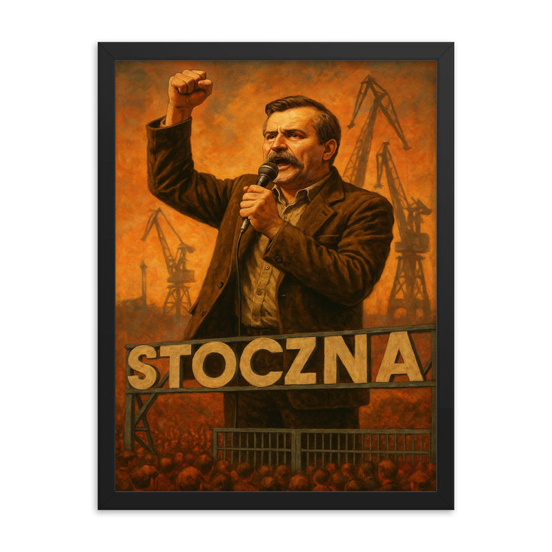 Lech Walesa atop shipyard gate speaking framed print on a plain backdrop in size 18