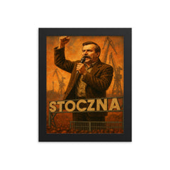 Lech Walesa atop shipyard gate speaking framed print on a plain backdrop in size 8"x10".