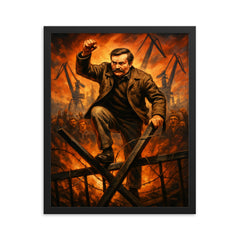 Lech Walesa over Gdansk shipyard barricades framed print on a plain backdrop in size 16"x20".