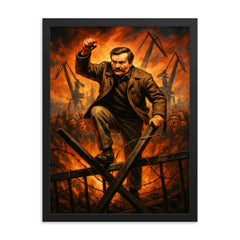 Lech Walesa over Gdansk shipyard barricades framed print on a plain backdrop in size 18"x24".